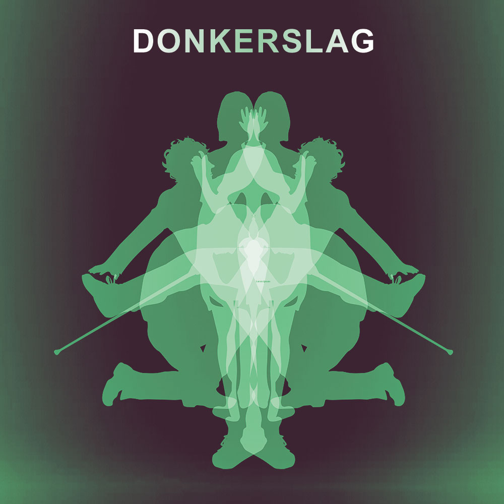 De titel Donkerslag met daaronder drie gespiegelde silhouetten die een nieuw wezen vormen.